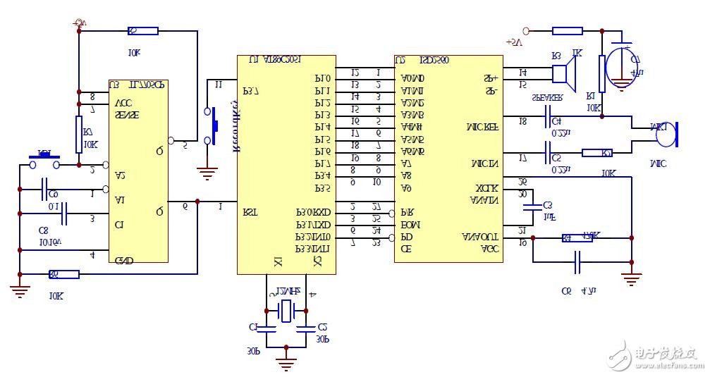 AT89C2051控制語(yǔ)音芯片錄放音系統(tǒng)電路 —電路圖天天讀（108）